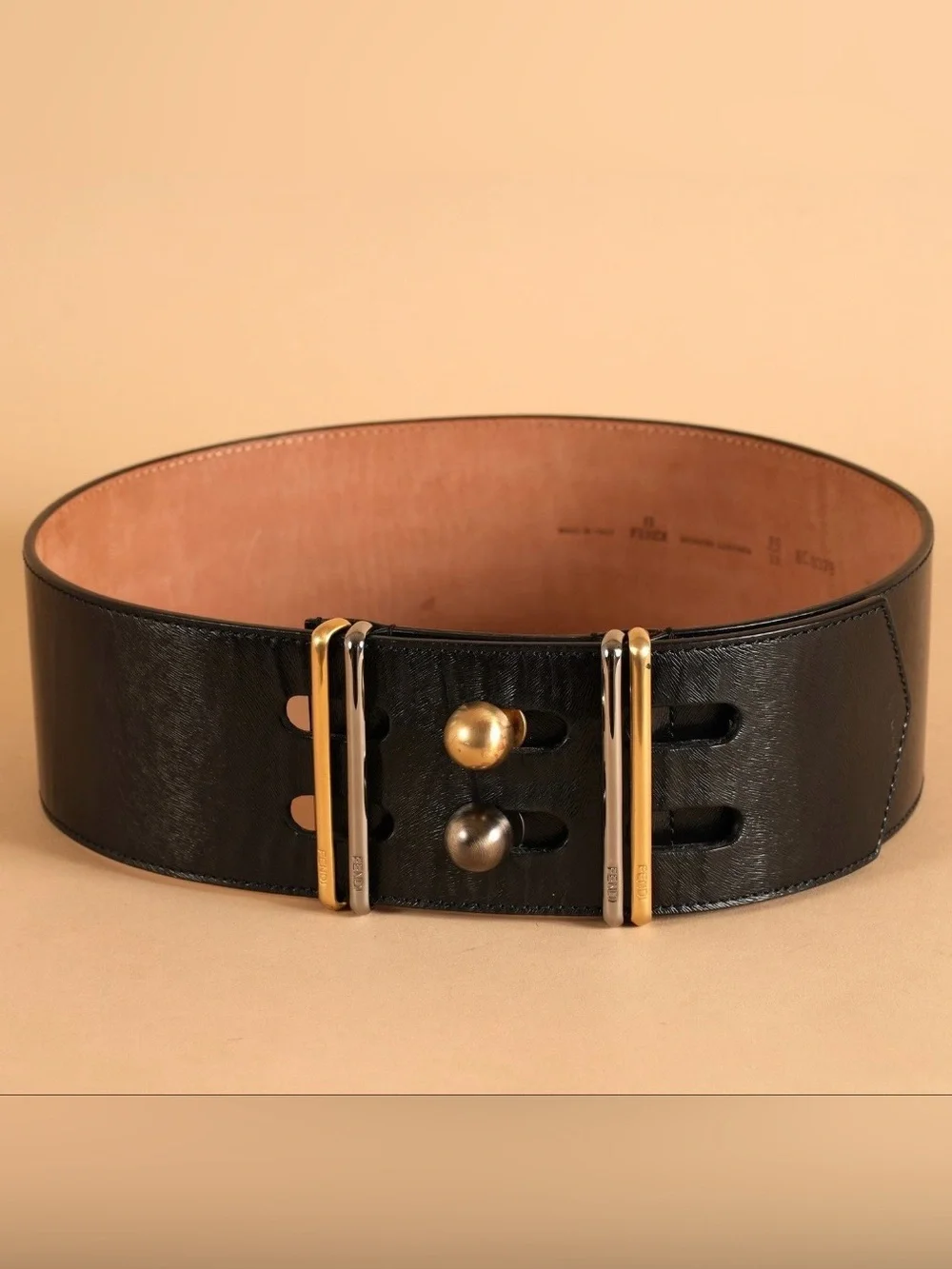 Fendi Black Wide Leather Belt With Two Tone Hardware Sz 80cm/32in (Small/Medium)
